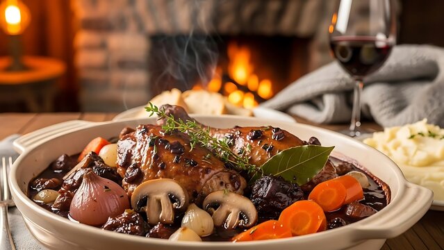 Coq au Vin Culinary Masterpiece: A tantalizing close-up captures the essence of classic coq au vin, a traditional French dish.
