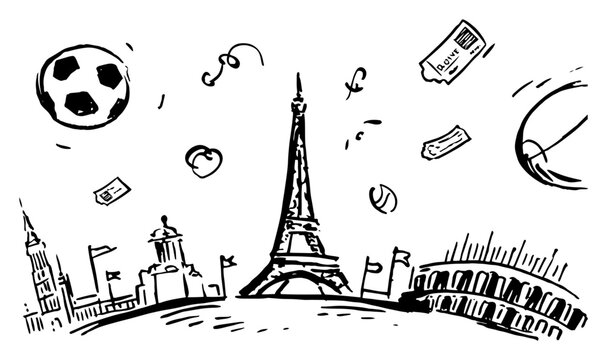 European landmarks collage with soccer ball and sports elements in hand drawn line art style