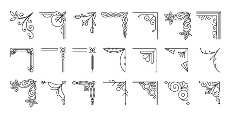 Set of eighteen black line corner ornaments featuring floral swirls geometric patterns and decorative flourishes on a white background for page borders and frame embellishments