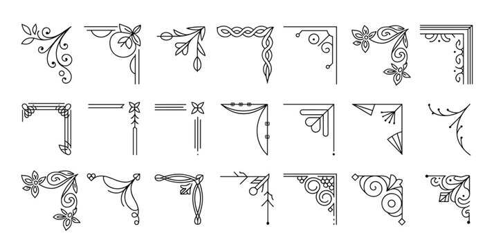 Set of eighteen black line corner ornaments featuring floral swirls geometric patterns and decorative flourishes on a white background for page borders and frame embellishments