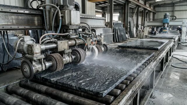 Polishing line machinery textures stone slabs into a leathered finish showcasing subtle patterns and a natural matte ruggedness through close industrial automation.