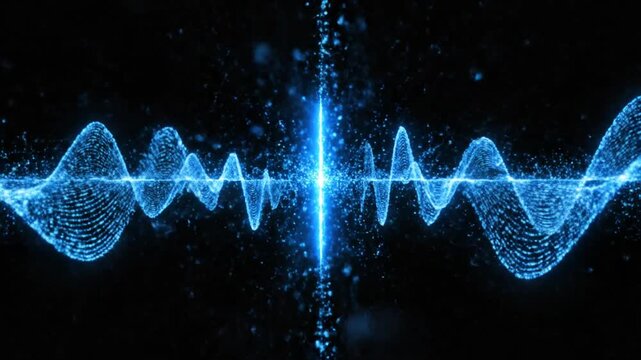 Vibrant blue glowing waveform with particle effects on a dark background