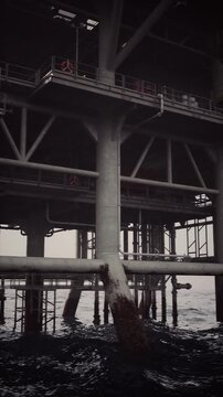 Workers navigate the complex framework of an offshore oil rig amidst foggy weather conditions. The towering structure stands firm against the ocean backdrop, showcasing industrial strength.