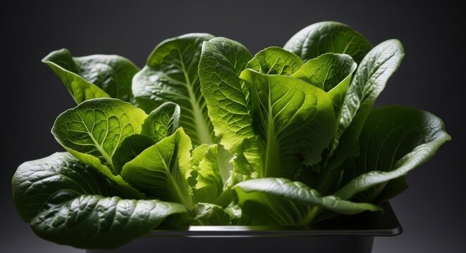 Fresh green leafy vegetable in a pot on a dark background, healthy eating and nutrition concept with vibrant bok choy or chinese cabbage