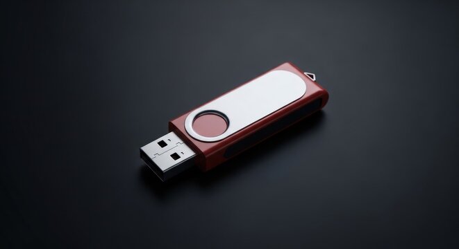 Red USB flash drive on dark background, portable storage device for data transfer and backup