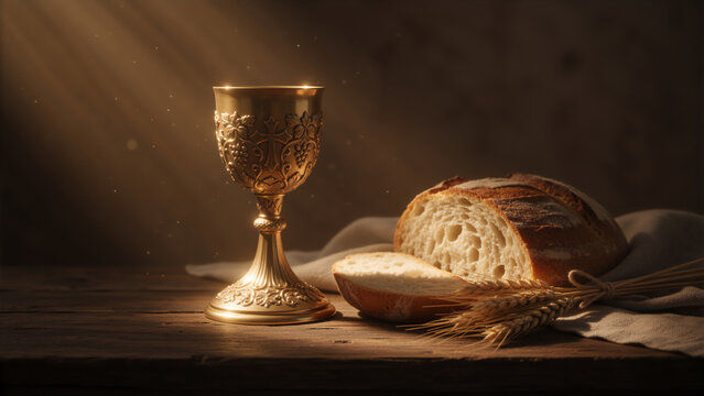 Golden chalice and bread for Holy Communion on a rustic wooden table. The Eucharist sacrament as a symbol of Christianity. Religious still life representing the Last Supper