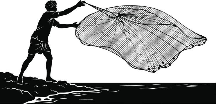 Fisherman casting a large fishing net into the water from a rocky shore with waves