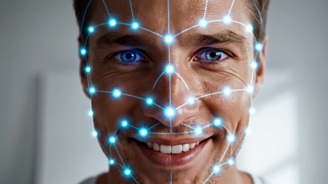 This shows a man with a facial recognition technology grid superimposed over his face, illustrating modern security measures and biometric identification systems.