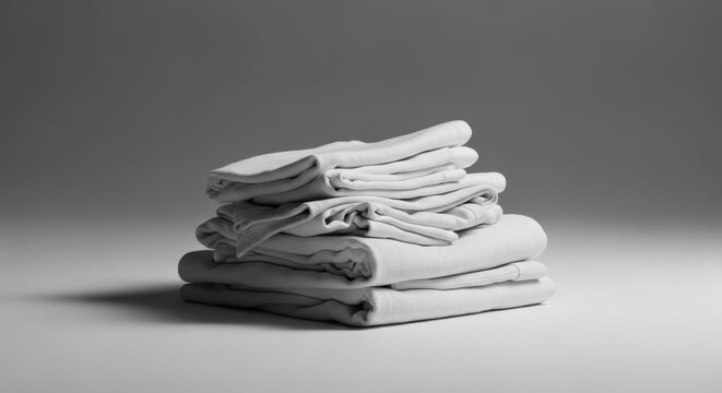A neatly stacked pile of folded white t-shirts on a gray background, showcasing laundry organization and cleanliness