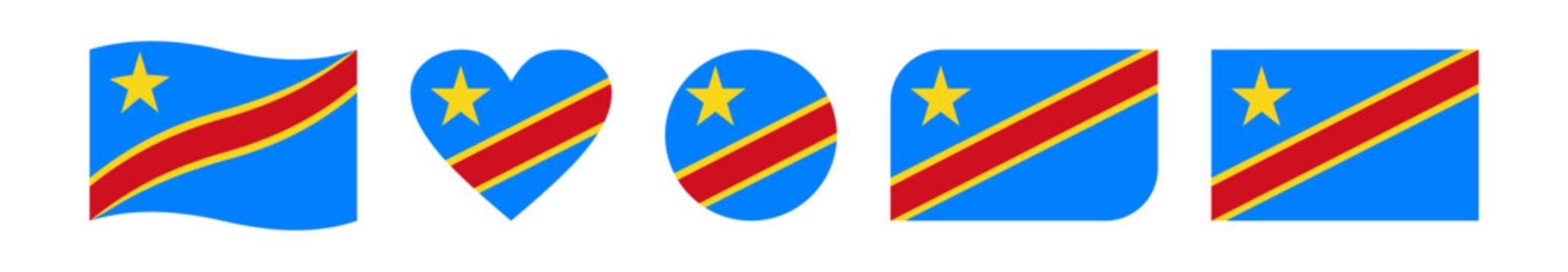 Set of five creative Democratic Republic of the Congo flag vector designs featuring wavy, circular, heart-shaped, rounded-corner, and rectangular styles, symbolizing national pride.