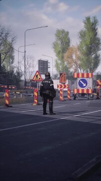 With a busy construction site in the background, a road worker directs traffic safely. Bright signage and barriers mark the area, ensuring safety during the road work.