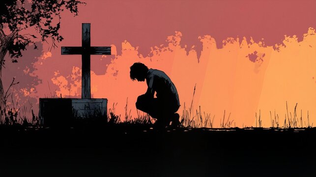 Silhouette of a person kneeling at the foot of a cross in a lofi or anime or realistic illustration style