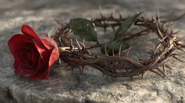 A crown of thorns and a single red rose on stone in a lofi or anime or realistic illustration style