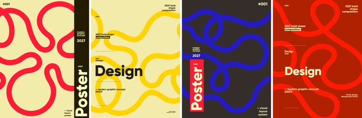 Plakat Modern poster designs featuring bold, organic shapes in vibrant colors. Each composition highlights a unique visual layout system, perfect for contemporary graphic projects.