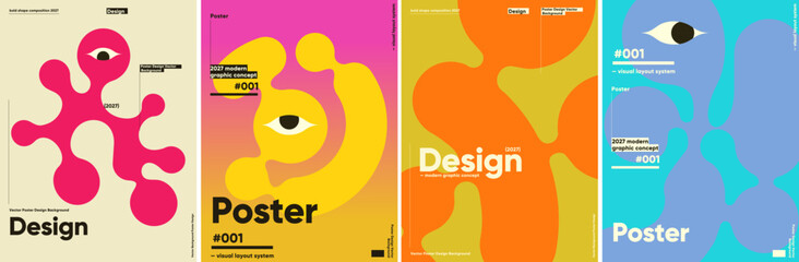 Modern graphic design concept featuring bold abstract shapes and vibrant colors. The composition includes eye motifs and dynamic layouts, ideal for creative projects.