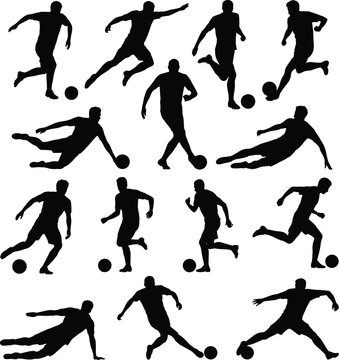 Silhouettes of soccer players dribbling and kicking the ball isolated on a white background serve as versatile sports icons for branding.
