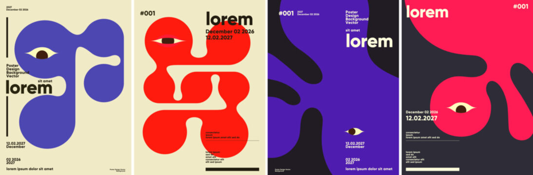 Abstract poster designs featuring bold, organic shapes and vibrant colors. Each design incorporates text elements and eye motifs, creating a modern and artistic look.