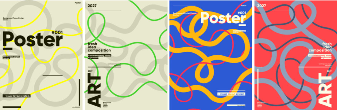 Modern poster designs featuring abstract line compositions in vibrant colors. Each poster showcases a unique visual layout with bold typography and dynamic patterns.