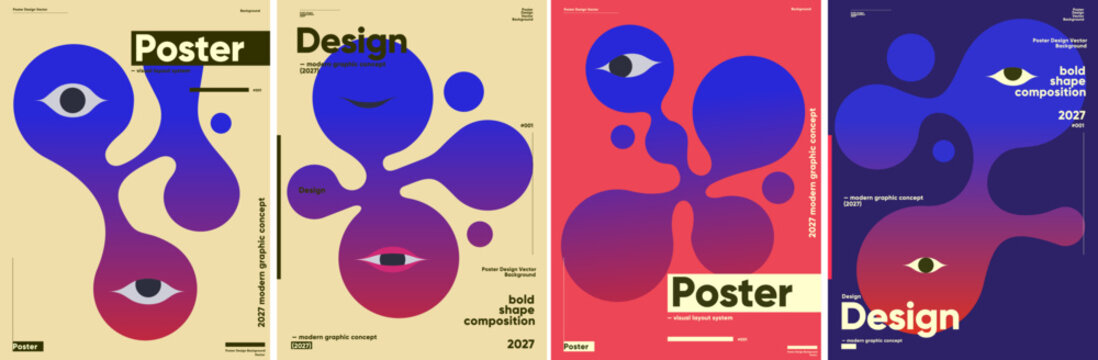 Modern graphic design posters featuring abstract shapes and bold colors. The compositions use gradients and eye motifs to create a futuristic aesthetic. Perfect for creative projects.