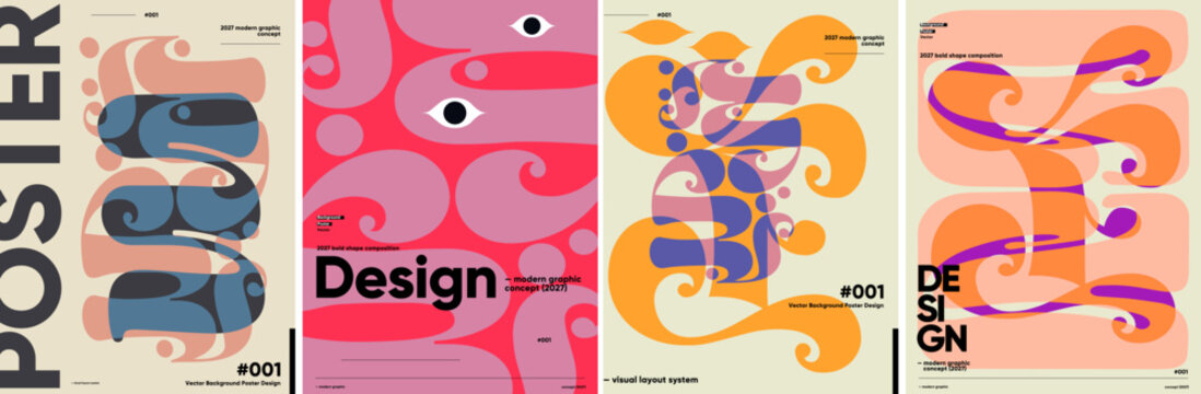 Modern graphic design concept featuring bold, abstract shapes and vibrant colors. The composition includes swirling patterns and eye-catching typography, perfect for creative projects.
