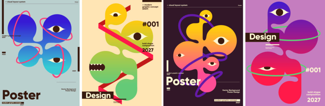 Abstract poster designs featuring bold, colorful shapes and eye motifs. Each design showcases a modern graphic concept with vibrant gradients and dynamic compositions.