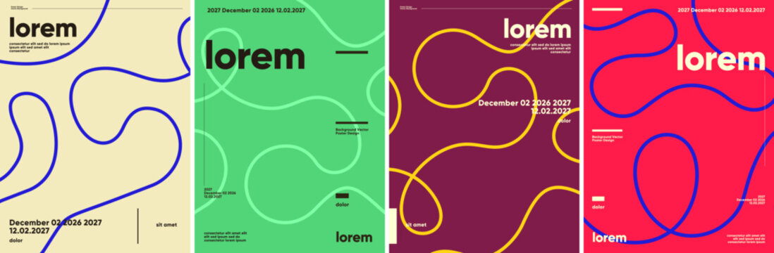 Colorful abstract poster designs featuring bold, wavy lines and modern typography. Each design showcases a unique color palette, creating a dynamic visual impact.