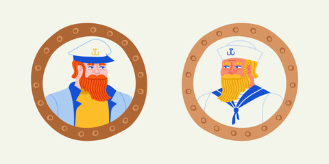 Naklejka na ściany i meble Vintage mariner illustration set. Hand drawn retro style old sailor man collection. Cartoon character portrait inside boat window.