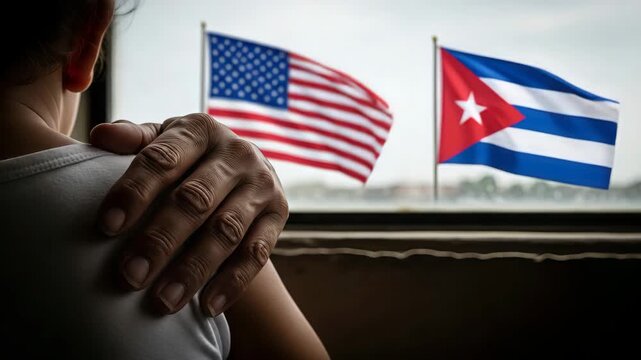 Woman looking out of a window with American and Cuban flags waving outside. Geopolitical metaphor for diplomatic relations and future hope between two nations.