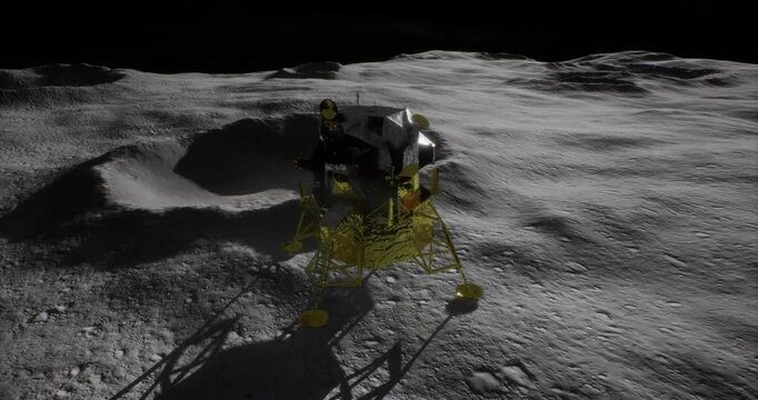 A lunar lander stands prominently on the moons surface, illuminated by soft moonlight. The barren landscape features craters and gray regolith, creating a striking cosmic view.