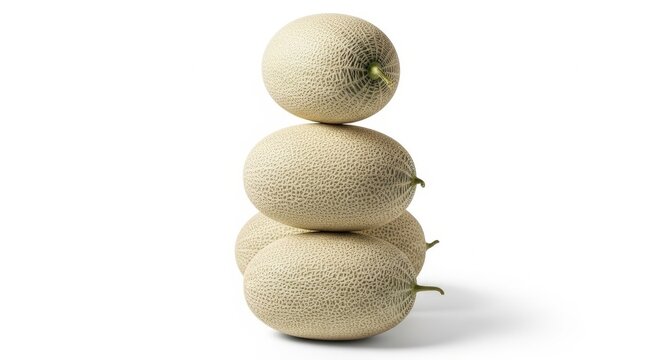 Fresh cantaloupes stacked on top of each other on white background