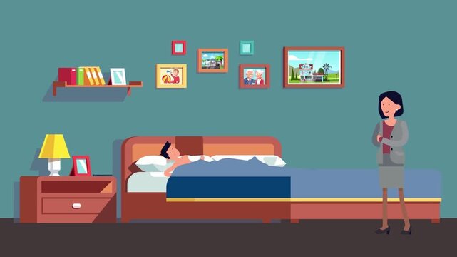 2D Animation of a Man sleeping Up in Bedroom with Woman Standing Nearby, Morning Routine Concept
