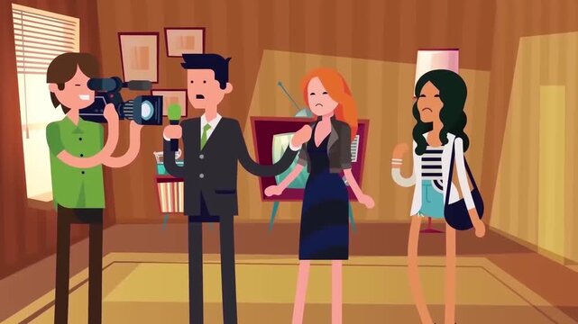 2D Animation of Celebrity Interview on Red Carpet with Media Reporters and Camera Man, Fame and Entertainment Concept