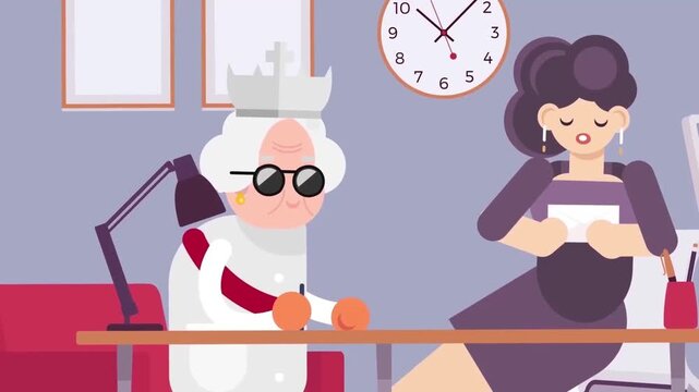 2D Animation of a Queen Working at a Desk with Another Woman, Royal Administration Concept