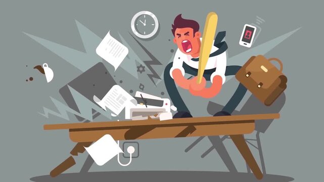 2D Animation of an Angry Businessman Hitting and Breaking a Desk with a Bat, Workplace Stress Concept