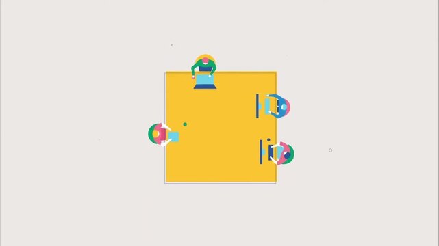2D Animation Aerial Top Down View of People Sitting at a Round Table, Collaboration Concept