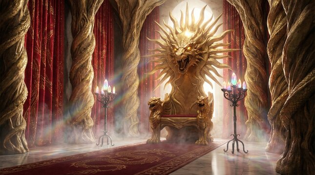Powerful golden sun dragon throne between carved stone pillars with red velvet drapes and mist.