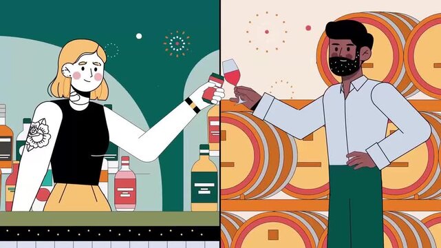 Animated Scene of a Bartender Serving a Customer in a Bar with Barrels, Craft Beer and Social Concept