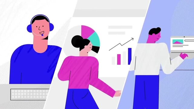Animated Scene of People on a Video Call with Data Charts, Remote Team and Tech Support Concept