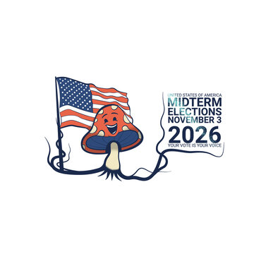 US Midterm Elections 2026  Illustration with Cartoon Mushroom and American FlagUS Midterm Elections 2026  Illustration with Cartoon Mushroom and American Flag