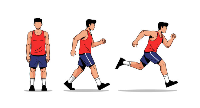 Male runner in red tank top and blue shorts in three stages of motion on white background