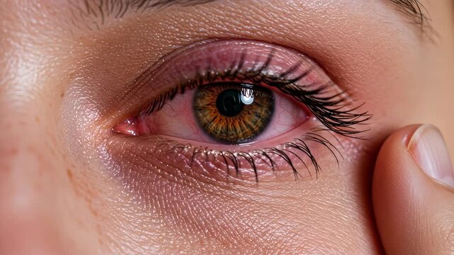 Red eye staring at camera with macro details, perfect for pharmaceutical commercials, ophthalmology clinic advertisements, and healthcare educational content regarding allergies and conjunctivitis
