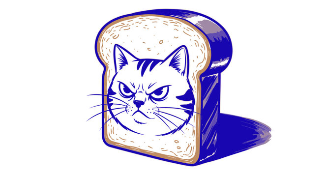 Stylized illustration of a grumpy cat face on a slice of toast with blue outline and shadow on white background