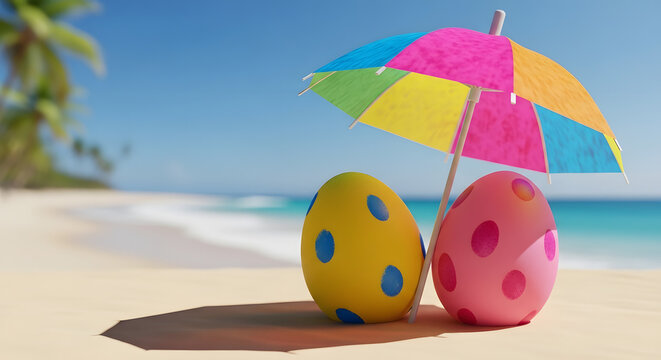 Colorful easter eggs on a tropical beach with blue sky and ocean