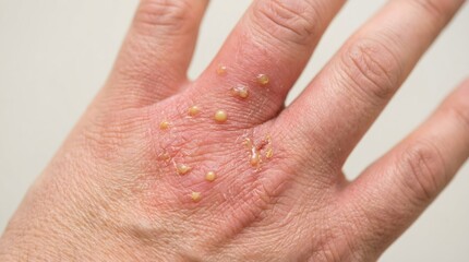 Fototapeta premium Close-up of hand with dyshidrotic eczema showing small blisters and irritated skin.