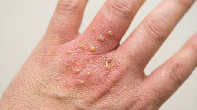 Close-up of hand with dyshidrotic eczema showing small blisters and irritated skin.