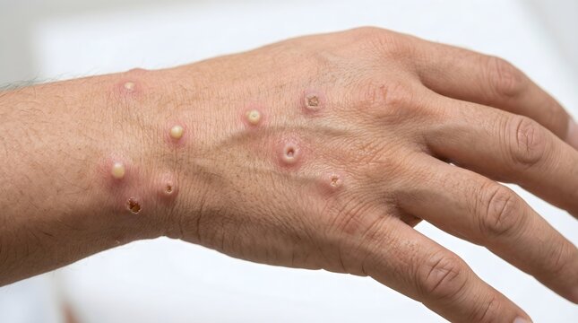 Close-up of a hand with multiple monkeypox lesions, showing the characteristic rash and pustules on the skin.