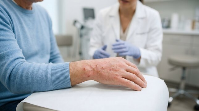 Doctor examining a patients hand for skin conditions or allergic reactions in a clinic setting.