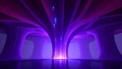 Surreal neon purple architectural structure with glowing particles and organic flowing lines in a dark space