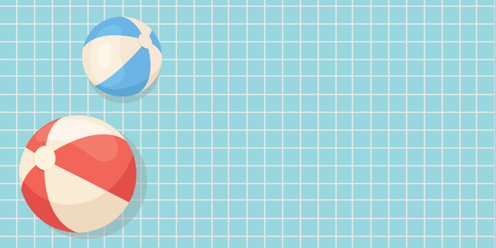 Summer banner with a red and blue beach balls on grid pool. Background template with a summer vacation concept, with copy space for text. For promoting sales and seasonal offers.