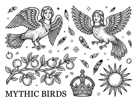 Mythical Slavic Birds Sirin and Alkonost Vector Illustration Set with Sun Crown and Apple Tree Branch